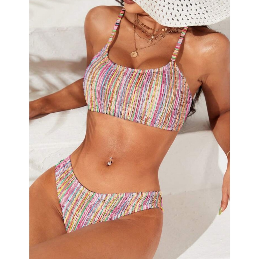 SHEIN Swim Summer Beach Striped Print Bikini Set For Vacation